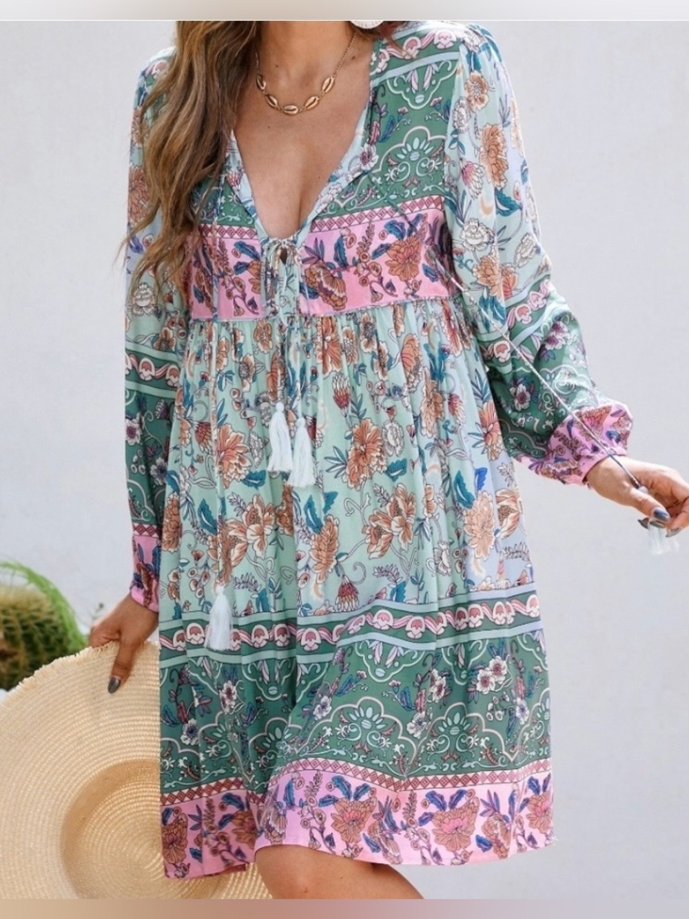 Boho Floral Tie-Front Long Sleeve Dress in Mint & Pink